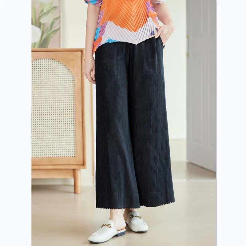 Women Pants High Waist Elastic Loose Miyake Pleated Summer New Solid Color Casual Wide Leg Pant Trousers Black