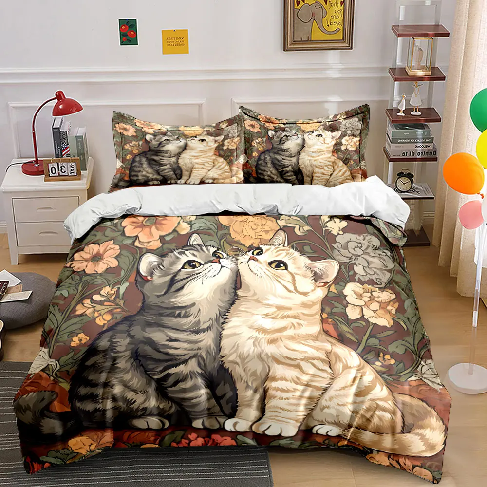 

Two cozy cats with floral Pattern Duvet Cover Set Digital Print Colorful Polyester Bedding with Zipper Closur for kids gifts