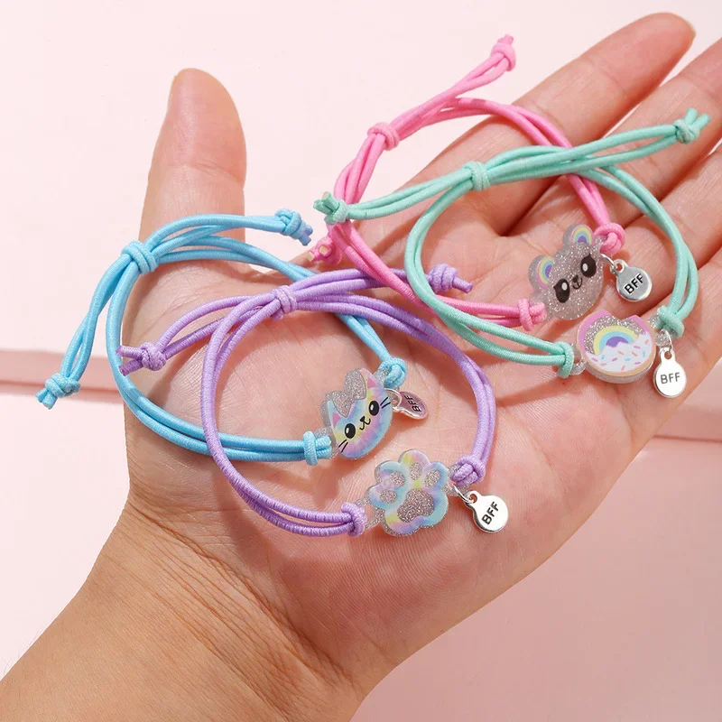 4Pcs/Set Cartoon Cat Bear Shape Best Friends Charms Bracelet Adjustable Elastic Rope Chain Bracelets for Kids Jewelry