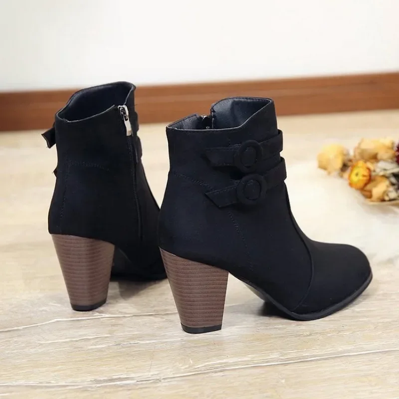 Retro snow Boots Women\'s Shoes 2024 New Square Heel Woman High heels Shoe Rubber Ankle Female Solid Platform Short Boots