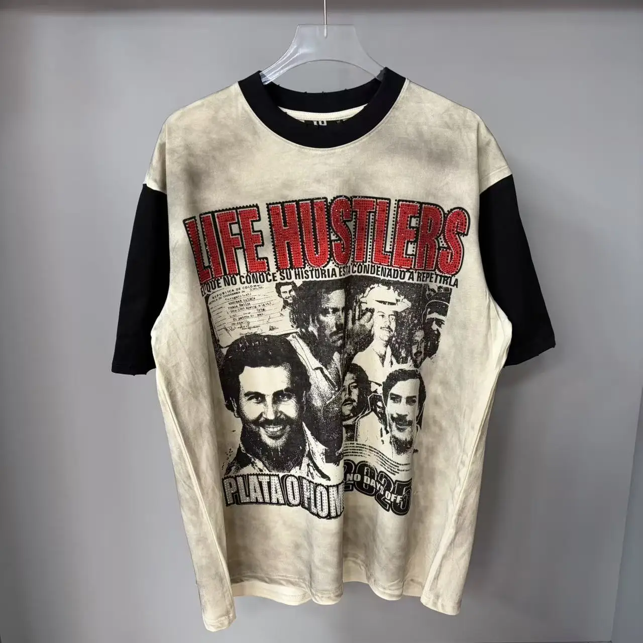 Life Hustlers Colorful Washed Vintage Cut-Out Beaded Short-Sleeved Loose Straight-Printed T-Shirt
