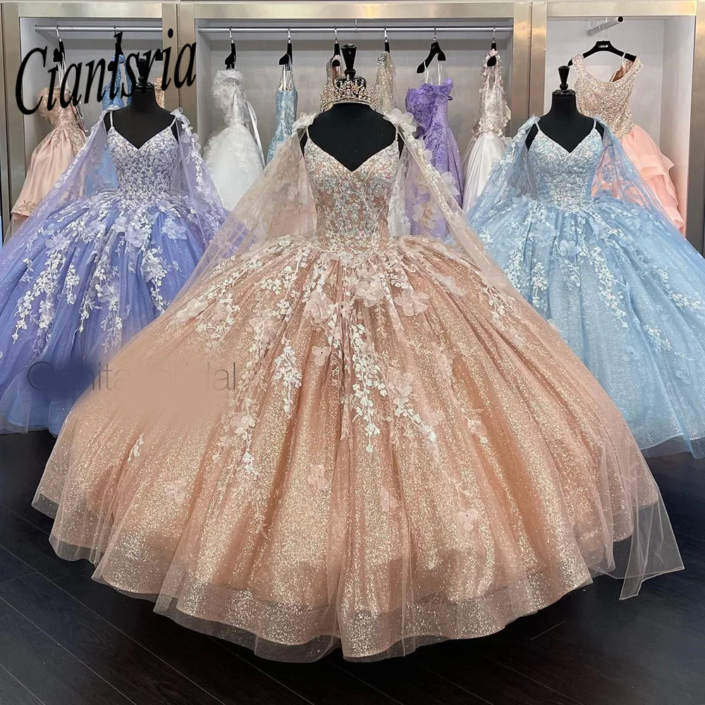 2022 Glitter Quinceanera sukienki Spaghetti Stra z Wrap słodkie 15 16 suknie 3D kwiaty Vestidos De Quinceañera