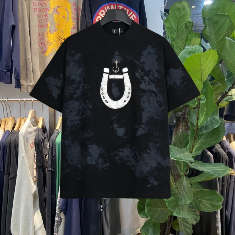 

Мужская футболка с коротким рукавом в стиле ретро с вышивкой американских звезд и лун, с эффектом потертости, модная, повседневная, из хлопка