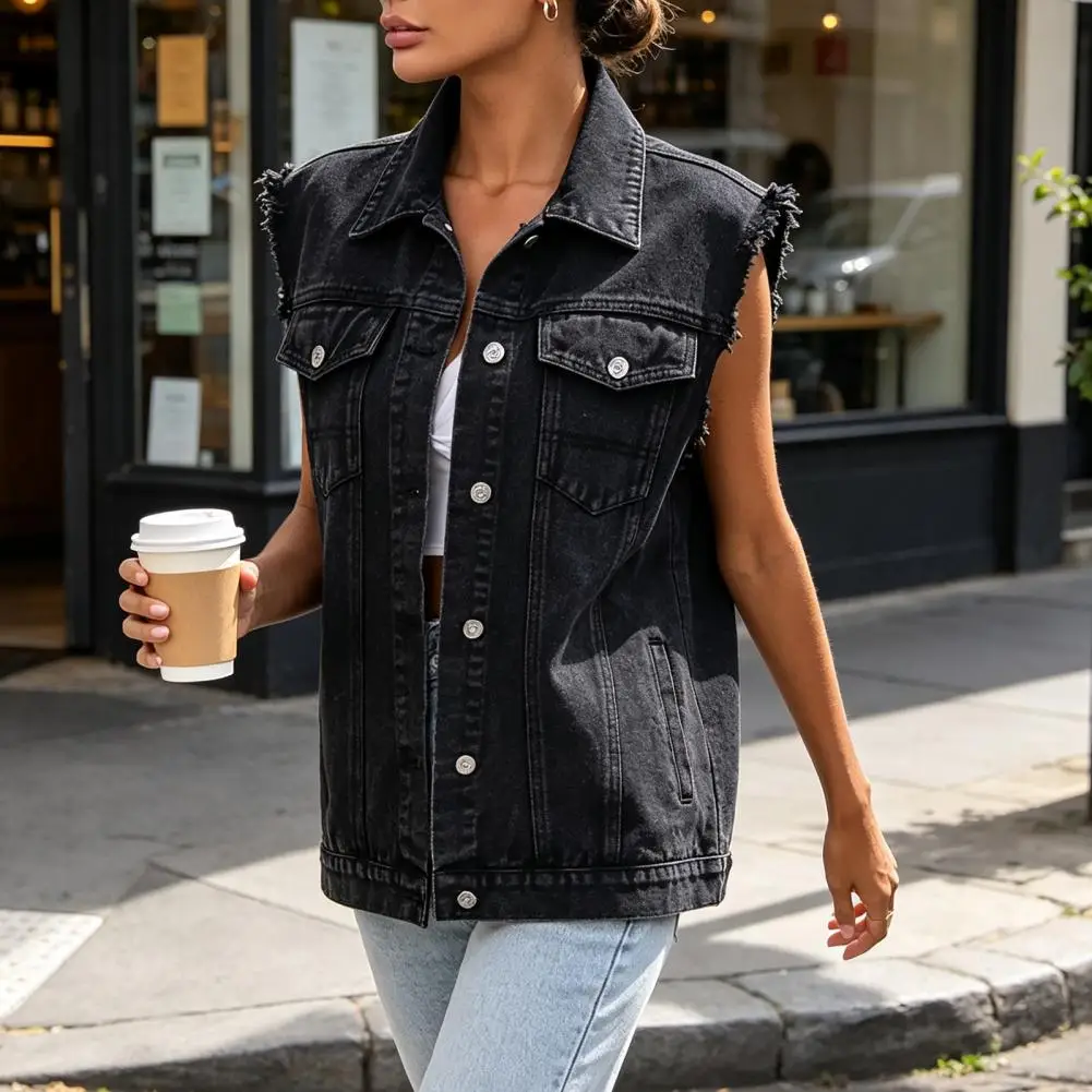 Women Vest Women Denim Vest Jacket Button Down Jean Waistcoat with Frayed Lapel Pockets Summer Lightweight Outerwear Soft Demin
