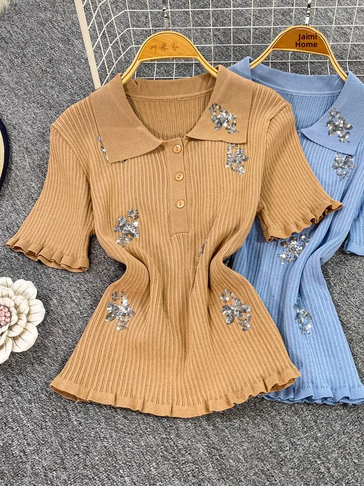 

Женская трикотажная футболка Slim Fit Ne ort Sve Glittering College Sle Faionable Wooden Korean Version Ice Silk