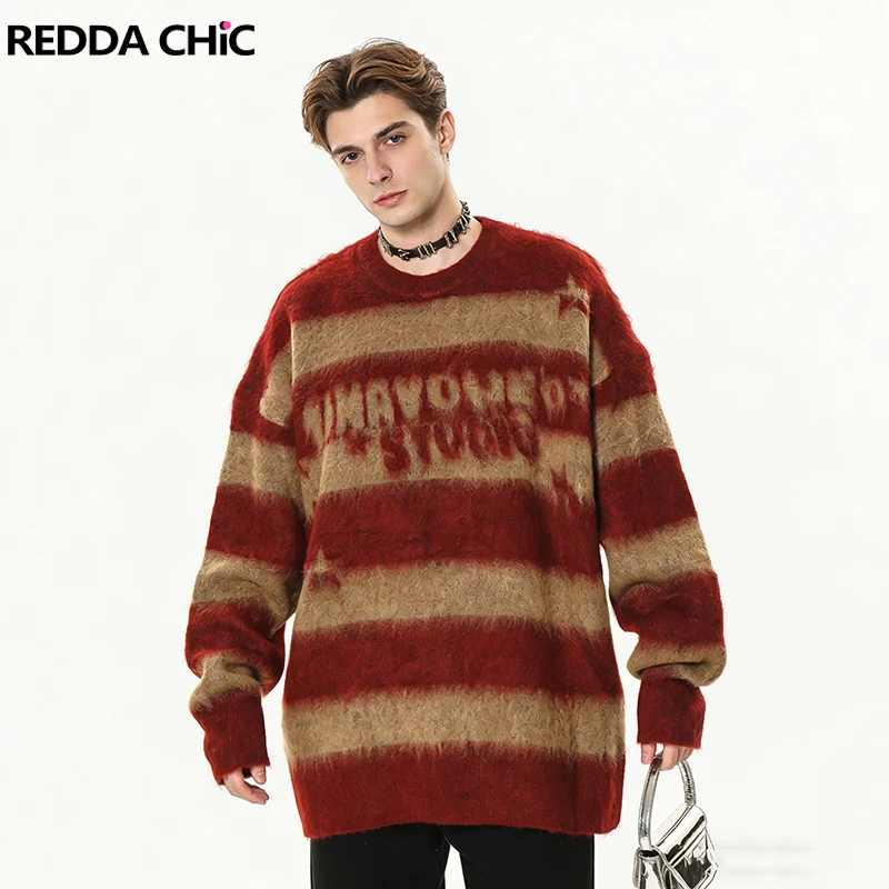 

REDDACHIC Vintage Stripe Men's Sweater Street Hiphop Letter Crew Neck Long Sleeve Casual Knit Pullover Top Fall Winter Clothes
