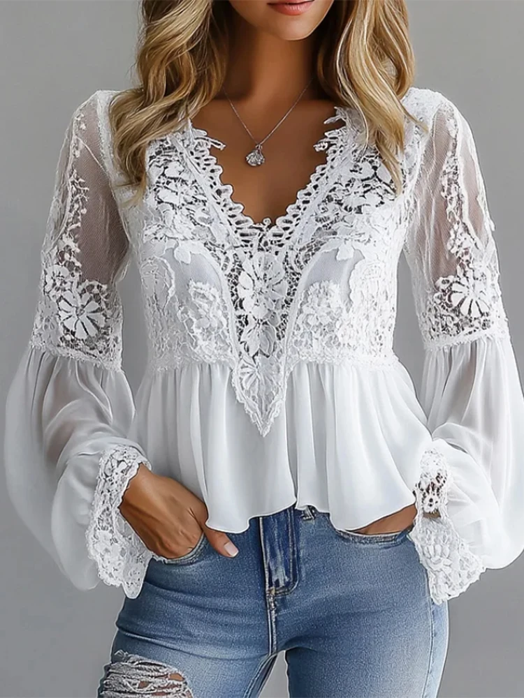 

French Vintage Shirts V-neck Long Sleeve Lace Splicing High Waist Blouse Women's Chic Design Short Top Autumn Women's Wear