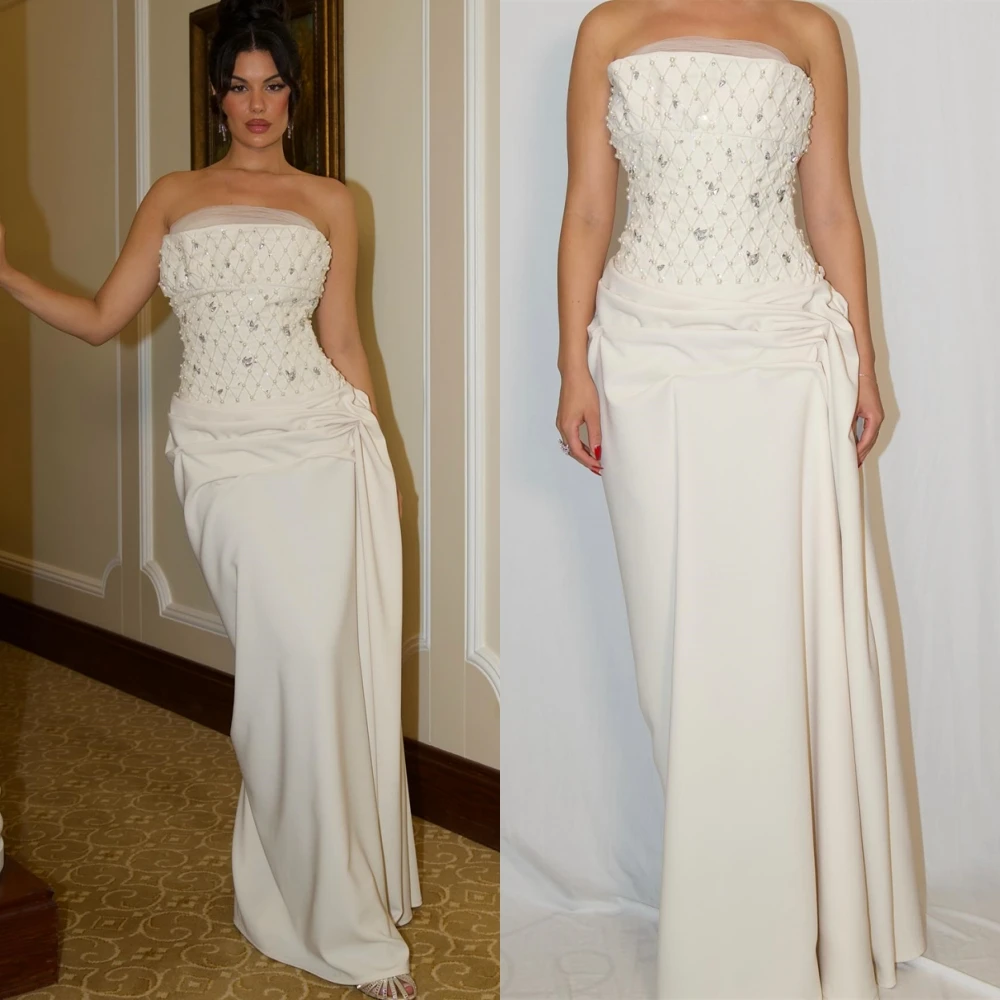 

Customized Formal Strapless Jersey Evening Dress Simple Sweep Train Prom Dresses Sparkly Beading Special Occasion Gowns
