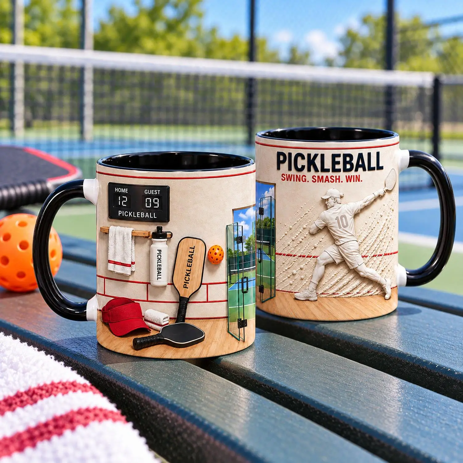 Custom Pickleball Coffee Mug 11oz Ceramic Cup 325ml, Player Art, Swing Smash Win Slogan, 2 Colors, Add Your Name, Gift for Fans
