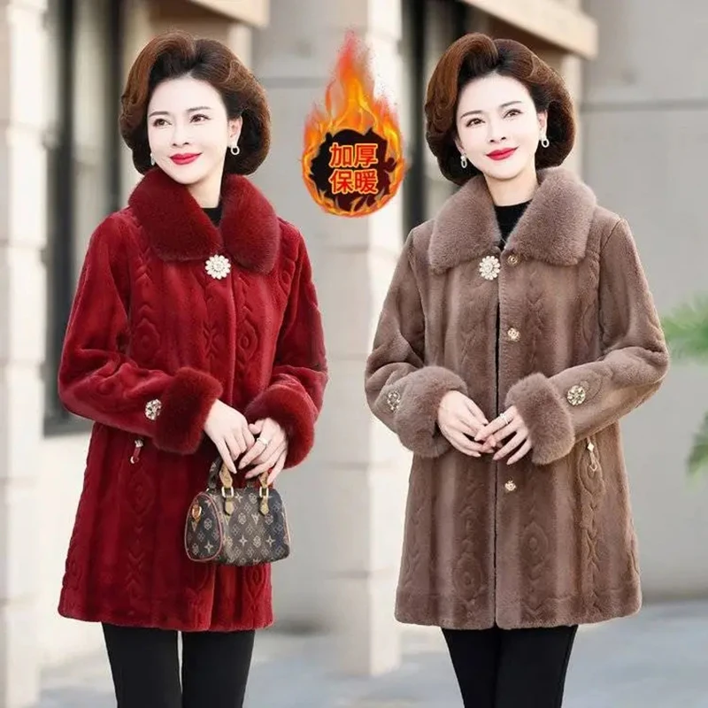 Fashion Loose Comfortablemink Velvet Coat Temperament Long Autumn Winter Middle-aged And Elderly Women Warm Woolen Coat