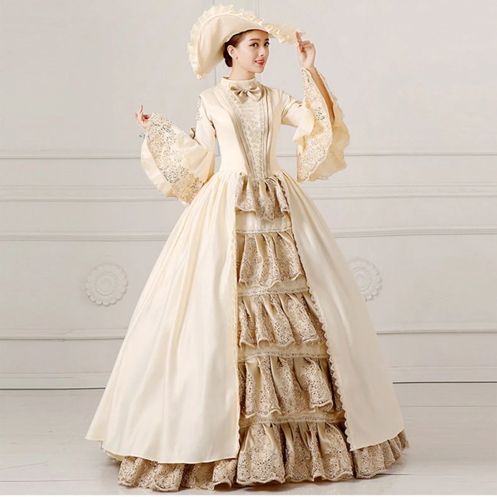 Victorian Marie Antoinette Duchess Beige Dresses Royal Court Clothes Costume Stage European Elegant Masquerade Dresses