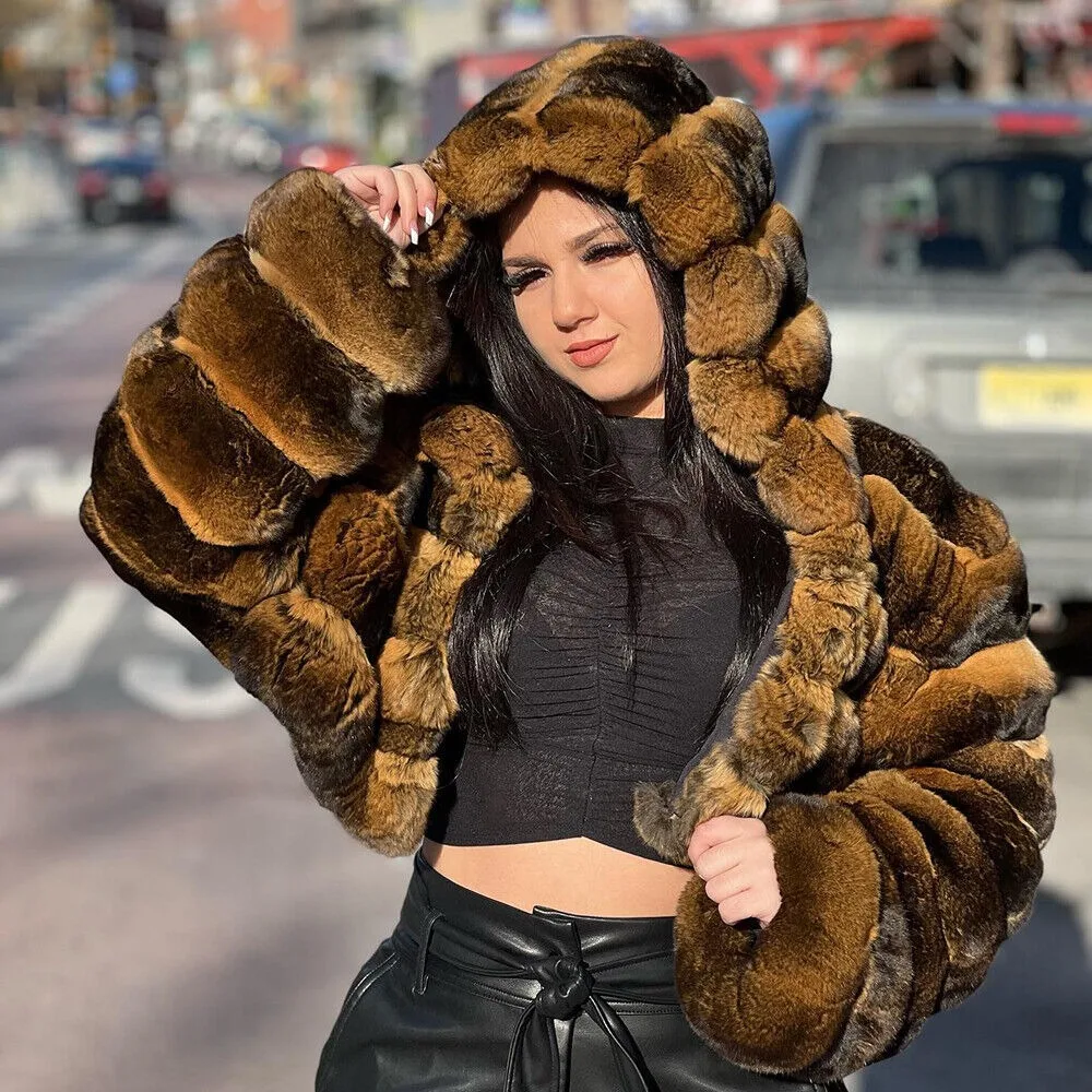 Women New Fashion Short Real Rex Rabbit Fur Hood Jacket Chinchilla Coat Outwear New in coats women's clothing trend 2024