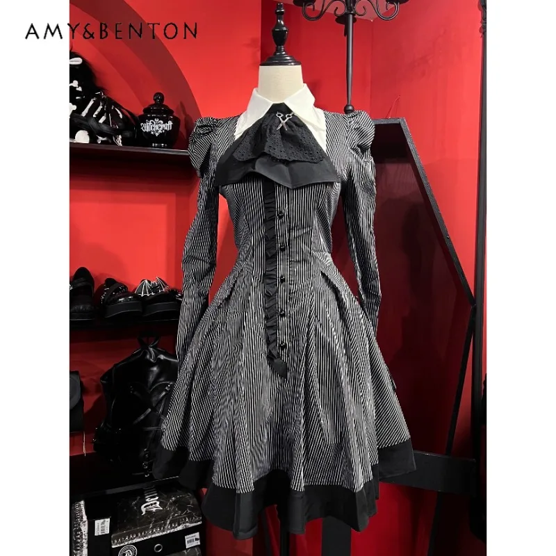 

Gothic Dark Black and White Striped Preppy Style Mine Dress Subculture Temperament Retro Bow Long Sleeve High Waist Mini Dress