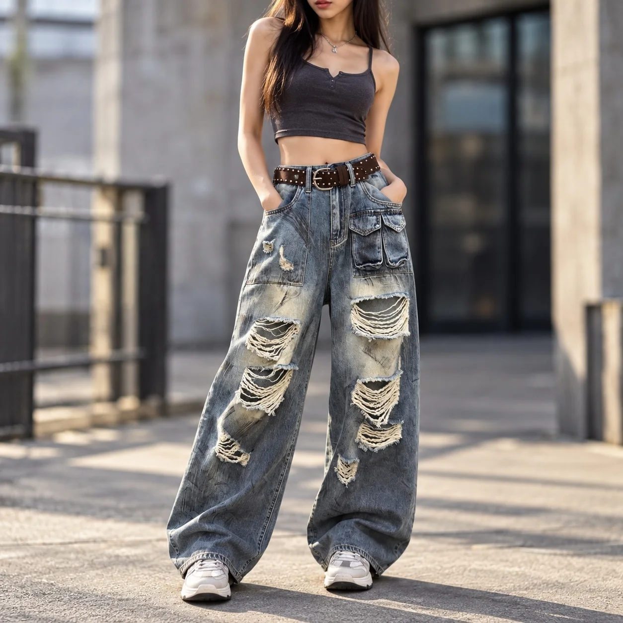 Distressed Ripped Belt High Waist Cropped Loose Fit Vintage Streetwear with Belt Loops Cargo No Stretch Women Jeans Spring