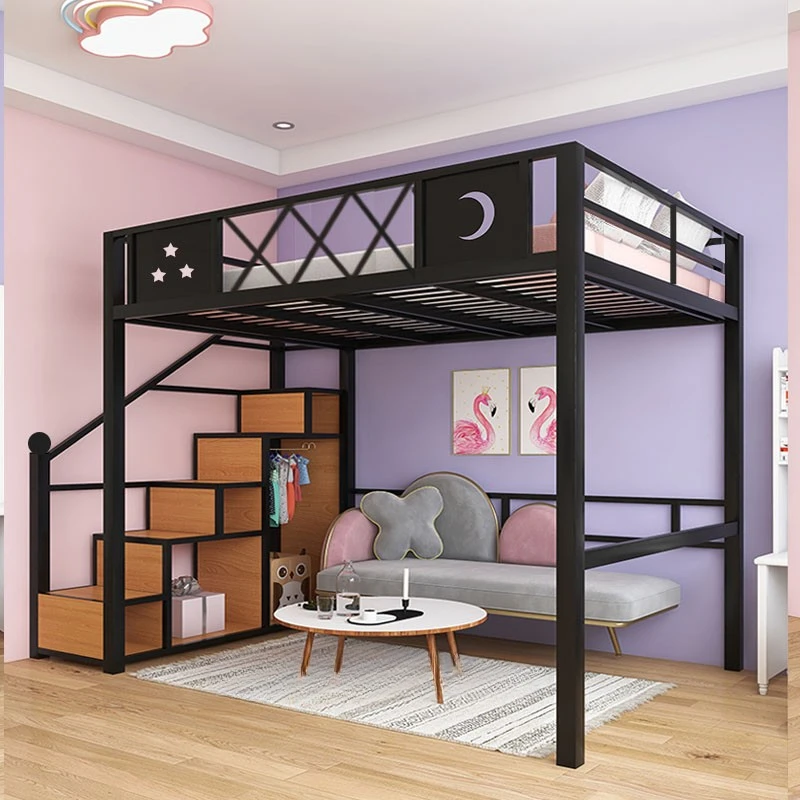 Modern simple loft apartment loft wrought iron elevated bed sheet upper small apartment space saving children's iron frame bed