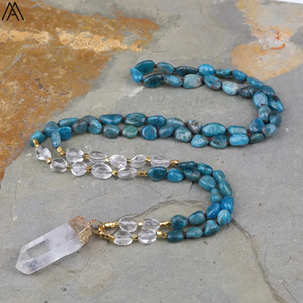Natural Blue Apatite Nugget Chip Beads Handmade Knot Necklace Women White Quartz Point Bead Yoga Necklace Long 32 Inch