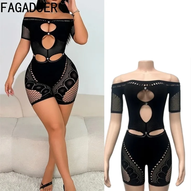 

FAGADOER Summer Sexy High Quality Knit Bodycon Rompers Women Off Showlder Hollow Out Rompers Female Clubwear Workout Overalls