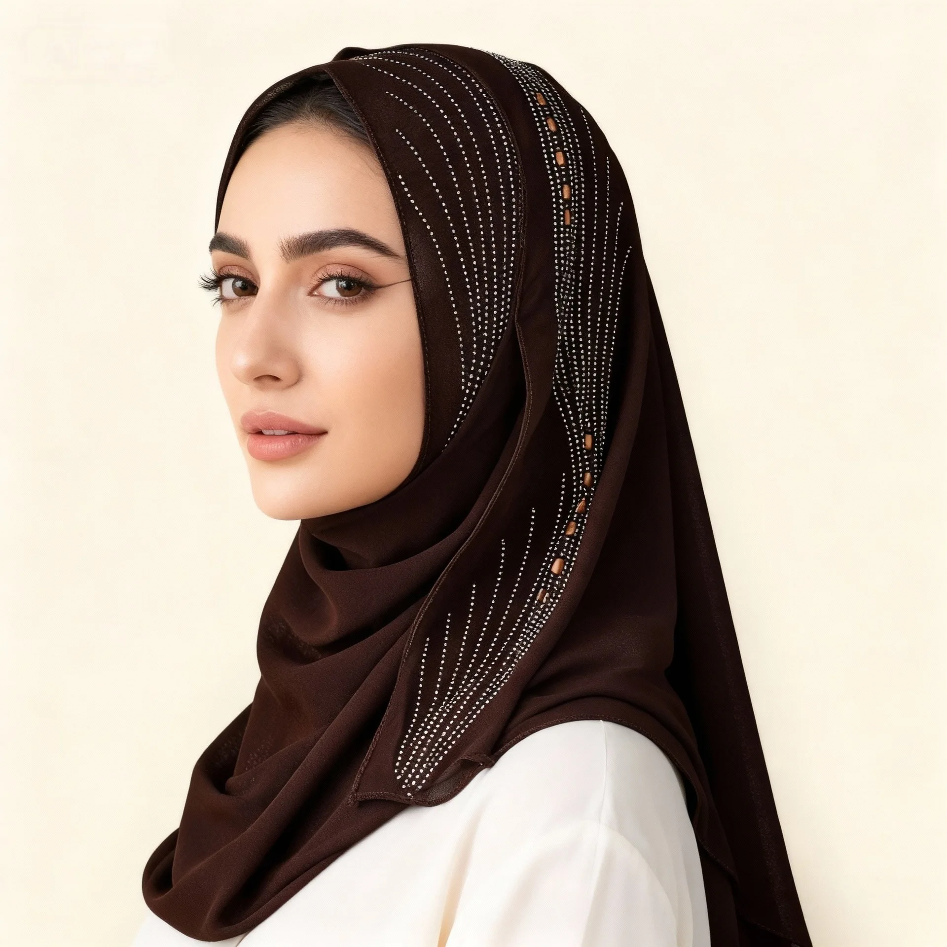 

Popular solid color monochrome headscarf with ethnic style long scarf, pearl snow imitation rhinestone headscarf scarf