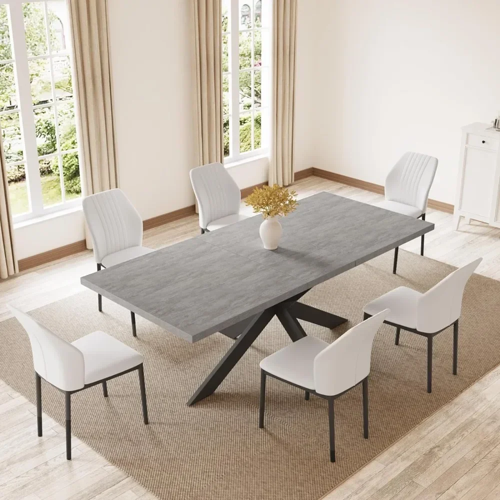 6-8 People Modern Dining Table Rectangular Kitchen Dining Table Space-Saving Expandable Dining (Gray Table + 6 White Chairs)