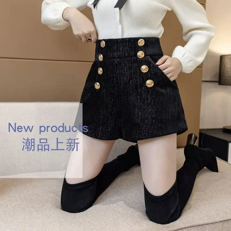 Korean version of bright silk corduroy wide-leg pants women's double-breasted irregular casual short pants slim boots pants