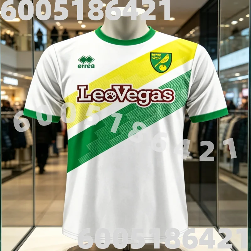 Camiseta de Fútbol Verde Neón Oscuro del Norwich City FC, Patrocinada por LeoVegas, con Rayas Geométricas Errea, para Hombres, Familiares y Niños