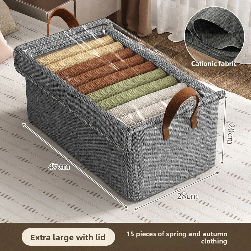 Cationic Fabric Storage Box with Lid, Foldable Clothes Sorting Basket, Divided Compartment Steel Frame Organizer Bin for Closet