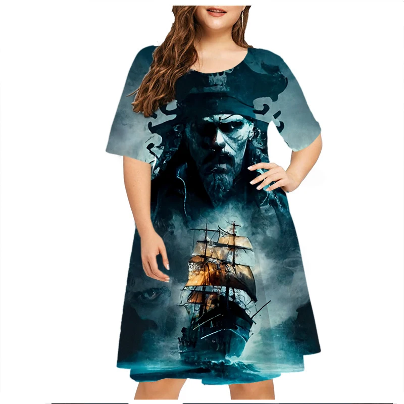 2023 Summer Vintage Ship Scenery Dress Women Short Sleeve Loose Casual Dresses Plus Size Female Clothing 6XL Sundress Vestidos