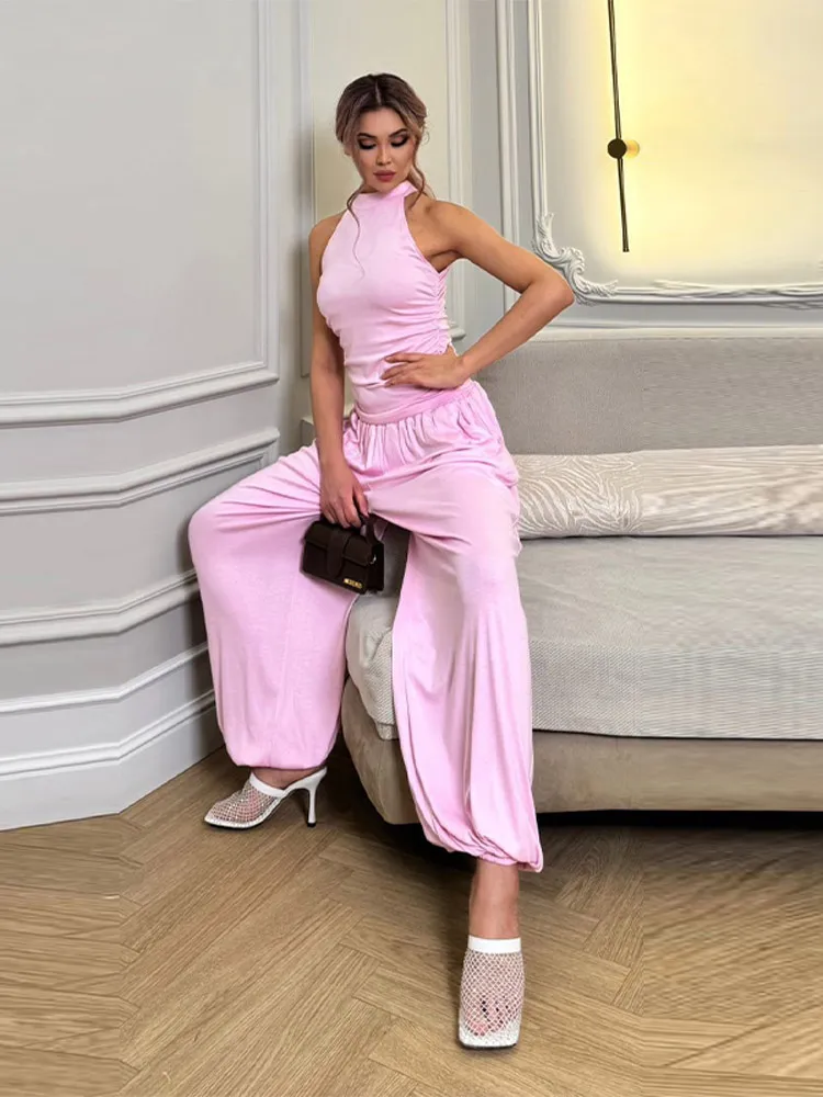 

Women Solid Top Pant Sets For Women O Neck Sleeveless Backless Vest Big Leg Loose Casual Trousers 2026 New Lady Summer Outfits