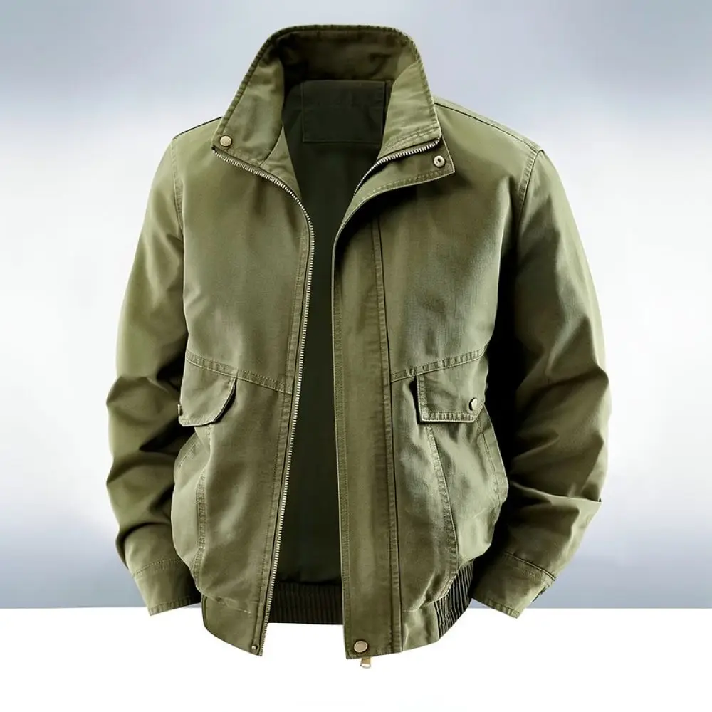 Spring Autumn Mens Cotton Coat Stand Collar Casual Loose Jacket Multi Pocket Utility Outerwear Male Solid Color Plus Size