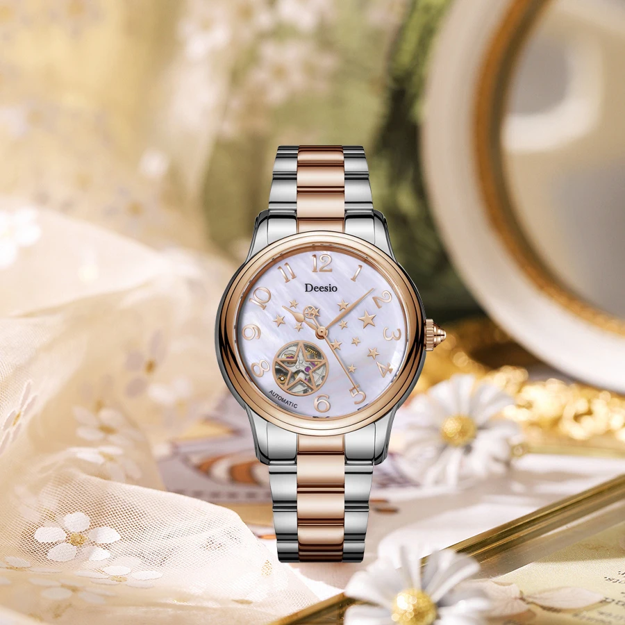 Deesio E8001B Star Design Automatic Watch Women Top Band Luxury Mechanical Watches Ladies Hollow Fashion Wristwatch Clock Gifts