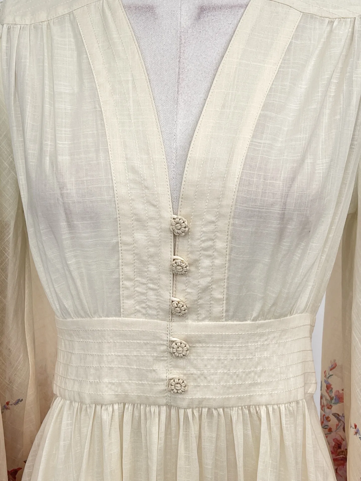 2025 Dames Wit Roze Bloemenprint Midi-jurk met lange mouwen 2025 Nieuw ontwerp