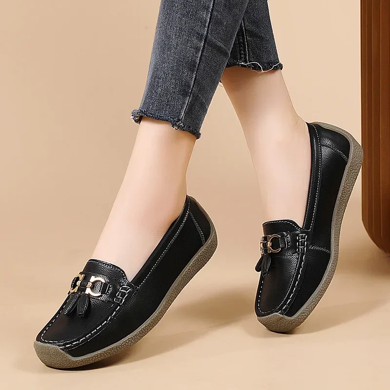 2024 Spring Autumn New Bean Shoes Women's Cow Genuine Leather Shoes Non slip Leather Shallow Mouth Four Seasons Single Shoes