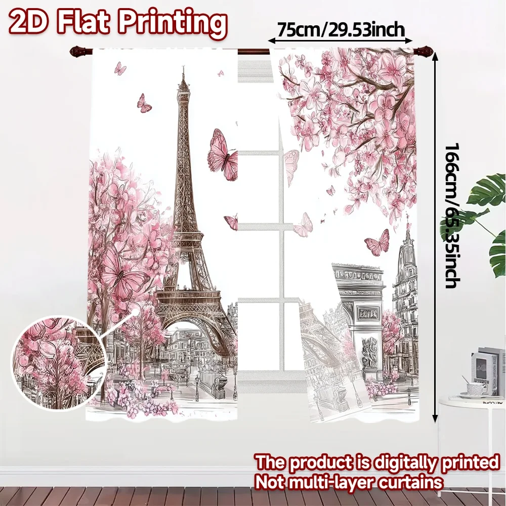 2pcs, 2D FLAT PRINTING Curtains (Without Rod) Paris in Bloom Print Modern Curtains Versatile 100% Polyester Curtains Outdoor