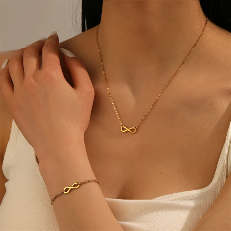 Kuziduocai 100% Stainless Steel New Fashion Waterproof Jewelry 18K Gold-plated Infinite Charm Chain Women Necklaces Bracelets
