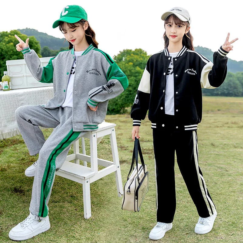 Kids Girls Varsity Jacket Set Grey 2 Piece Sporty Tracksuit Soft Cotton Blend Activewear for School Outdoor Casual Daily Outfit