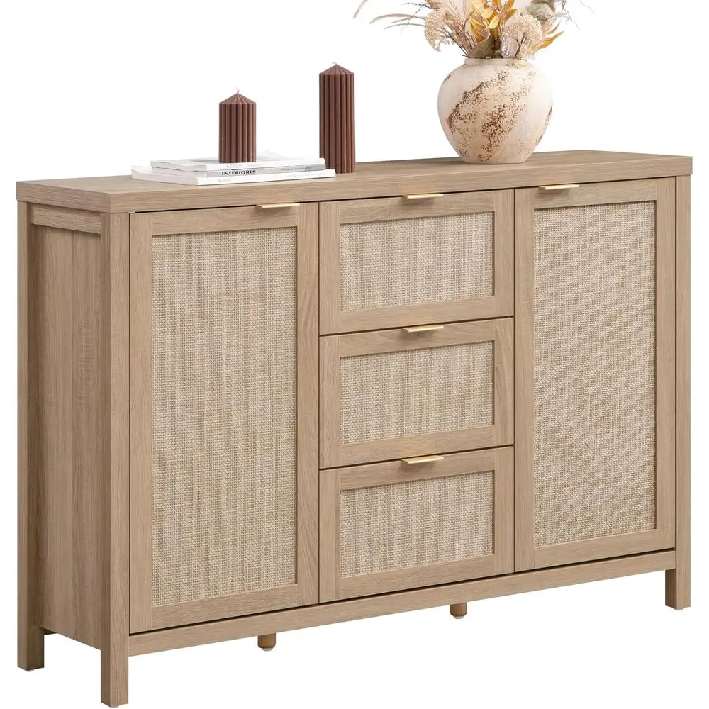 

52 Large Sideboard Buffet Bar Cabinet with Storage, 3 Drawers and 2 Doors, Boho Style, Suitable for Living Room, Kitchen, Light