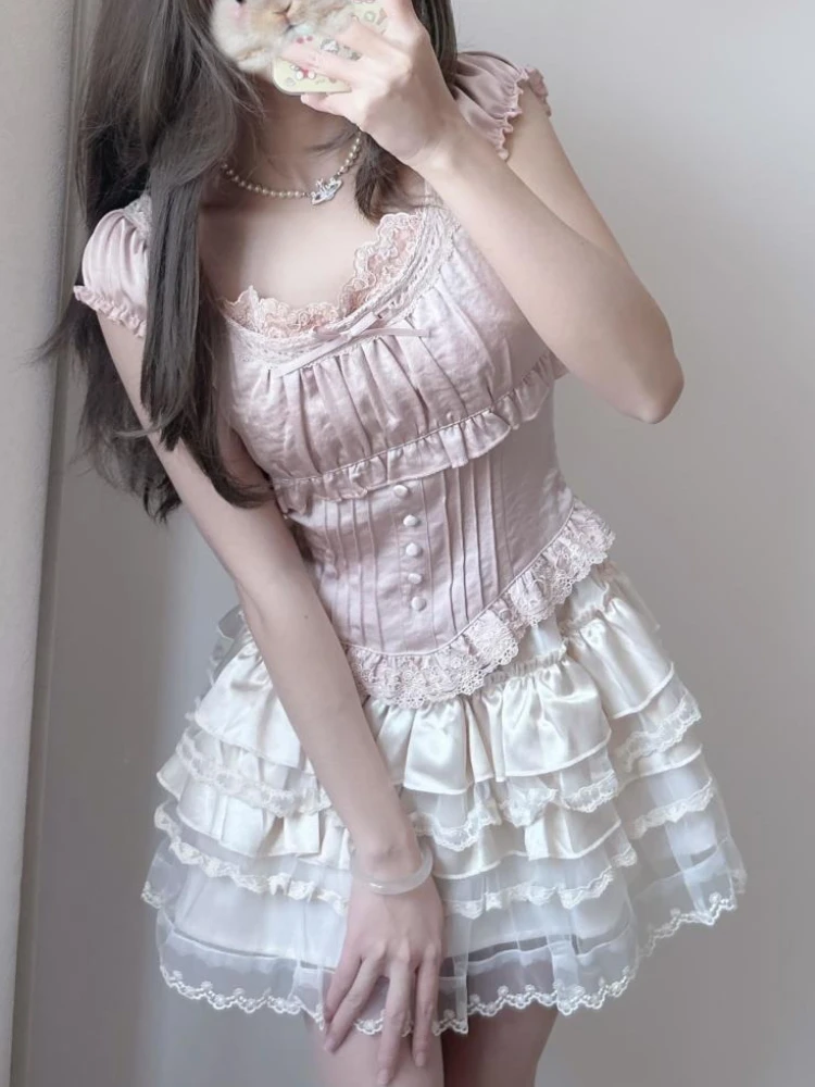 

Милый летний тонкий комплект из 2 предметов в консервативном стиле, женский дизайн, модный элегантный кружевной узкий милый топ с высокой талией, костюм с короткой юбкой