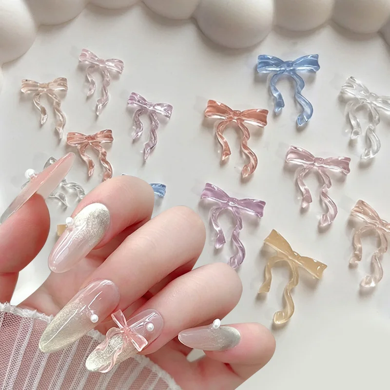 

30 шт. Декорации для ногтей в виде бантиков цвета макарон, прозрачные, разноцветные, из смолы, в форме ленты, для нейл-арта