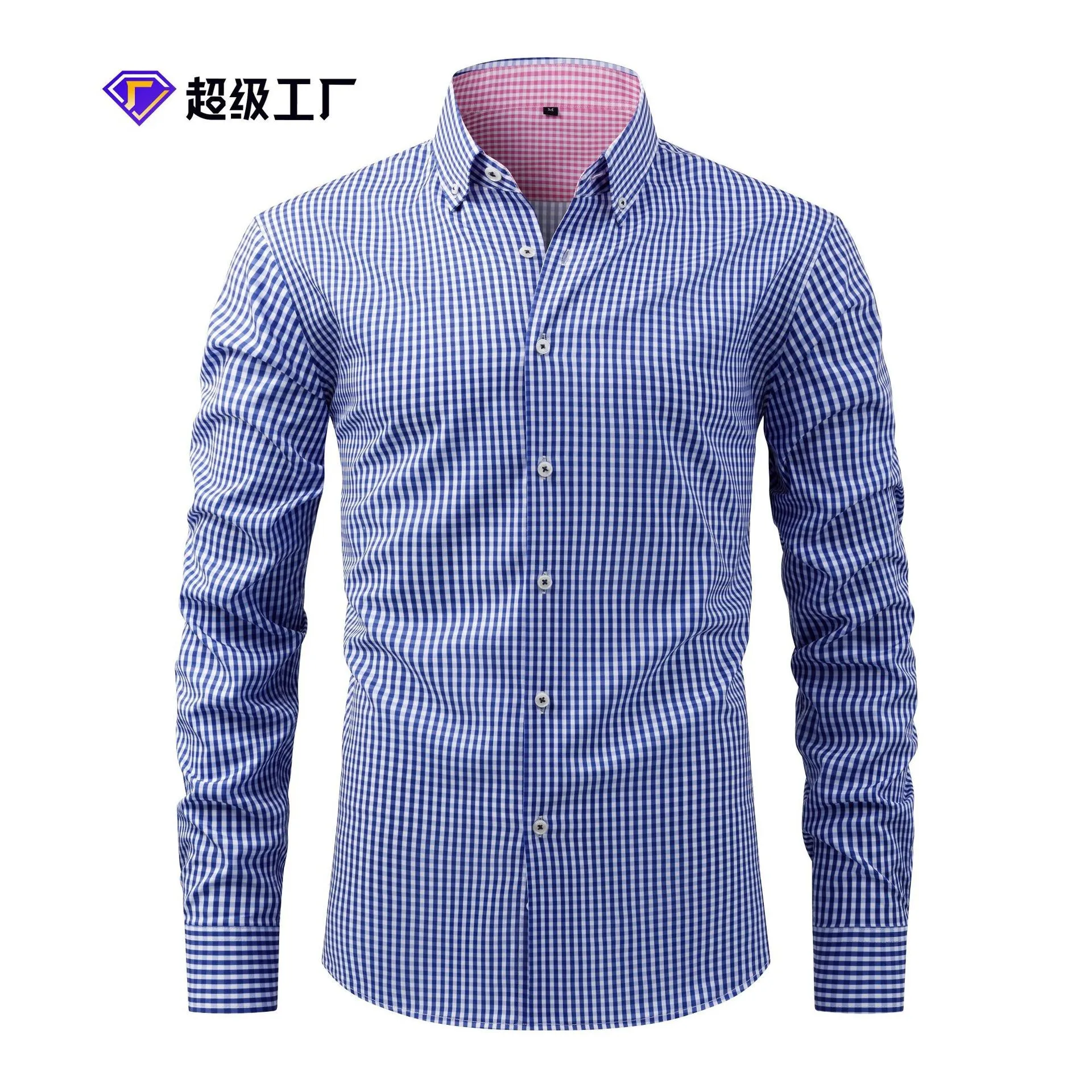 

New men's button-down checked long-sleeved shirt - for both casual and business wear, featuring a contrasting inner collar desig