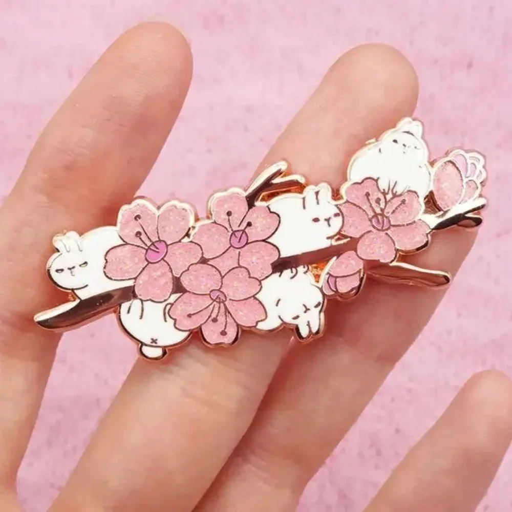 Beautiful Pink Flower with Rabbits Hard Enamel Pin Kawaii Metal Badge Brooch for Jewelry Accessory Gifts for Women Girls