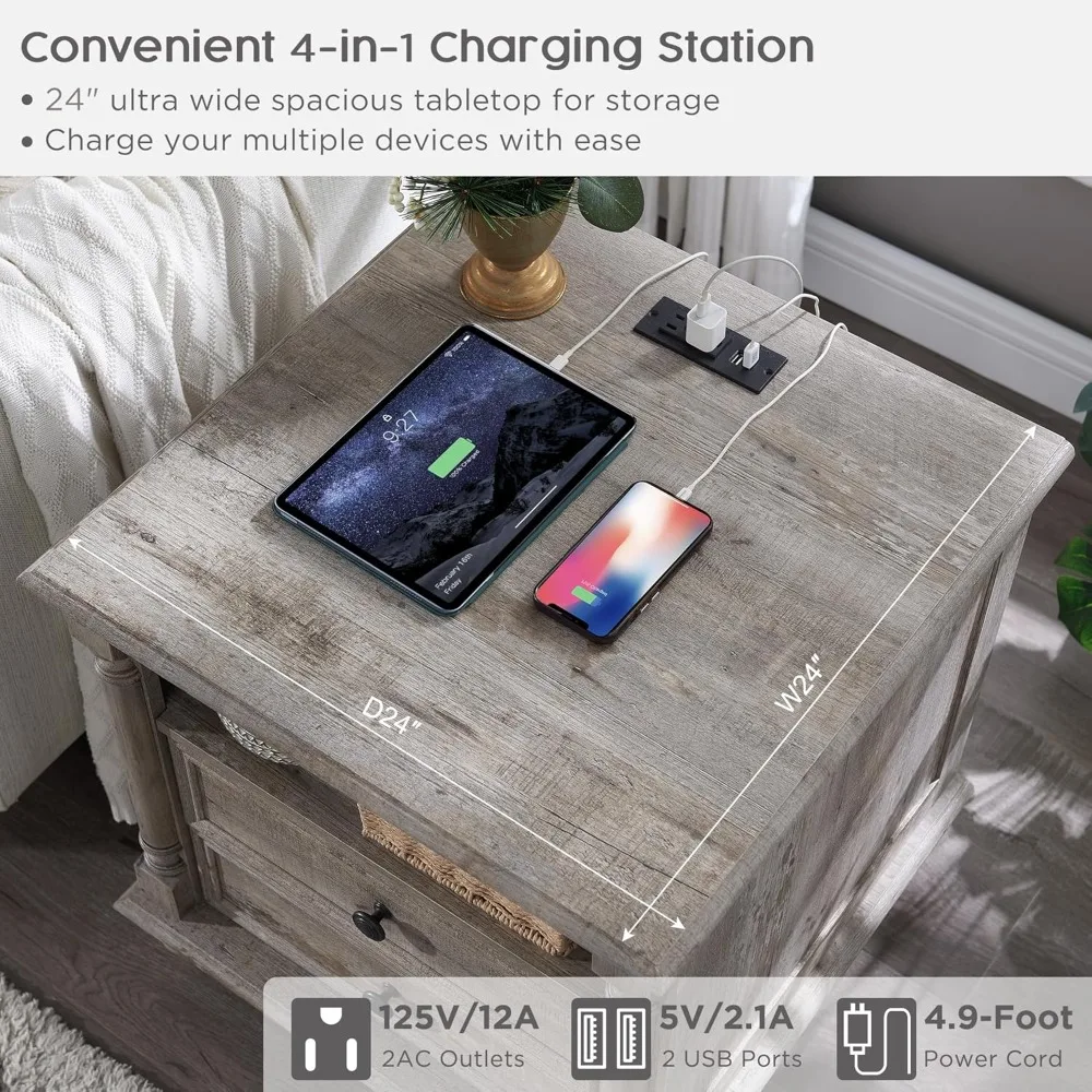24'' Farmhouse End Table w/4 Solid Wood Feet, Large 2 Drawers Wide Sofa Side Table with Charging Station, Tall Rustic