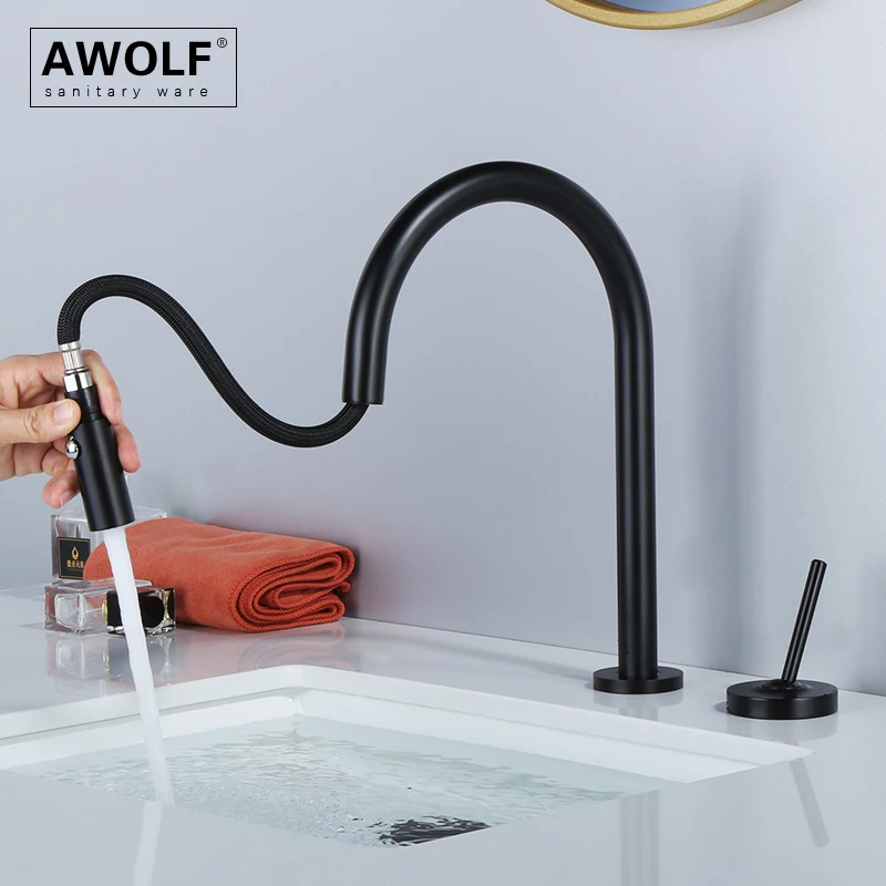 

Awolf Bathroom Basin Faucet Black Hot Cold Mixer Tap Deck Mounted 360 Degree Swivel Spout Solid Brass Pull Out Faucet ML8135