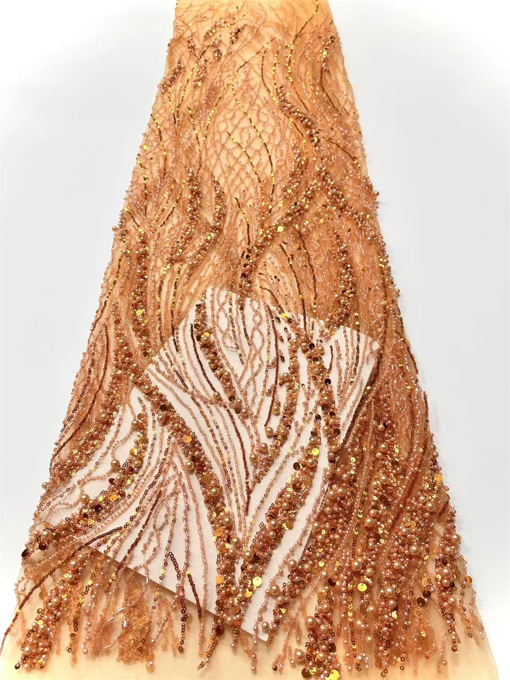 Luxus-Stoff für Kleid, 5 Yards mit Perlen, luxuriöser goldfarbener afrikanischer Spitzenstoff, 2025, hochwertiger Pailletten-Spitzenstoff für Kleid H47-1