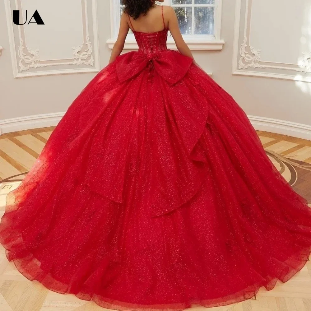 ULBYANRY Customized A-line Spaghetti Strap Sweet 15 Dress, Sparkly Appliques Quinceanera Dress, Princess Style Mesh Ball Gown