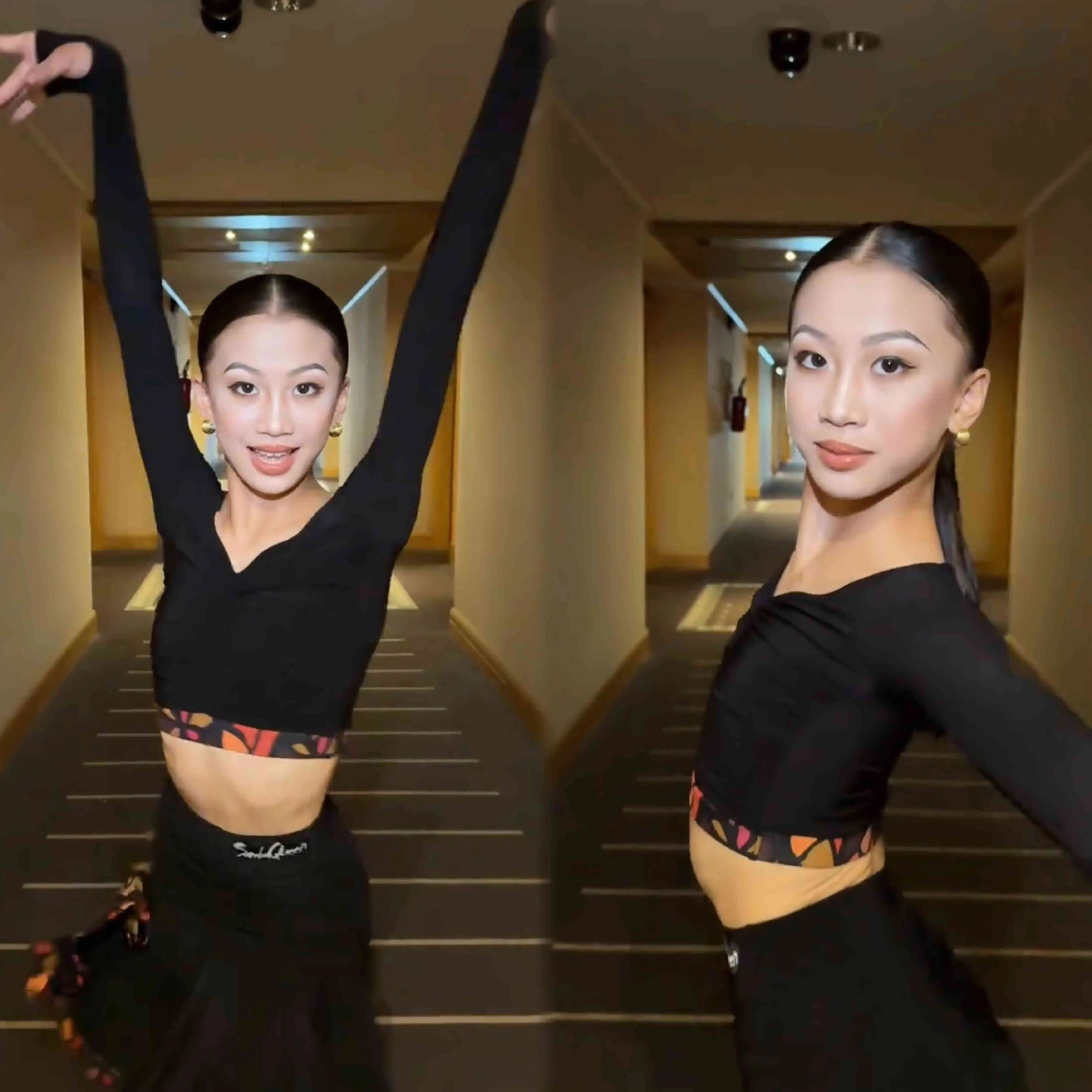 Bambini Abiti da ballo latino Ragazze Maniche lunghe Abito diviso Top neri Gonna Pratica Abbigliamento da allenamento Cha Cha Rumba Costume DNV24718