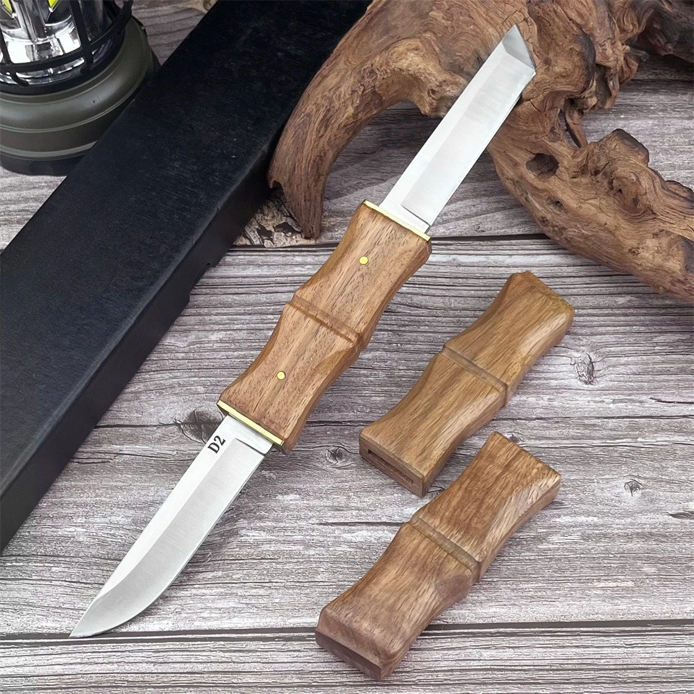 Cuchillo de hoja fija de doble filo con hoja D2 y mango de palisandro, cuchillo multiusos para camping, senderismo y pesca.