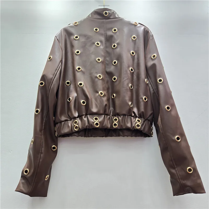 WTHT, chaqueta con cuello levantado de cuero PU con diseño de Metal calado para mujer, abrigo de manga larga a la moda para invierno 2025, 1LS2747