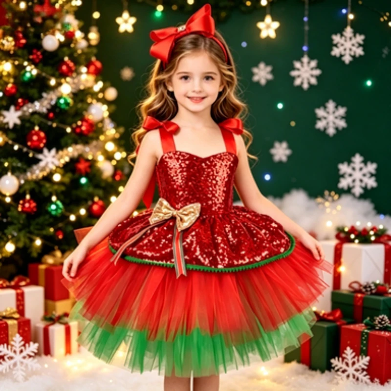 

Girls' Sequin Christmas Tutu Skirt, Fluffy Skirt for Christmas Festival Performances, Kid's Photography & Performance Costume