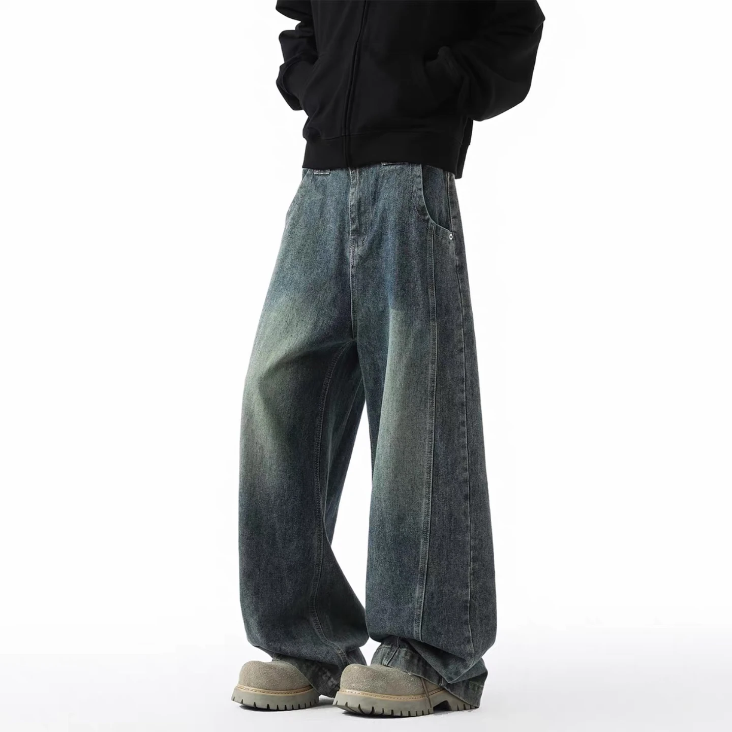 

Мужские широкие джинсы в американском стиле, зимние, свободные, прямые, повседневные, утепленные брюки, ретро-джинсы прямого кроя для мальчиков