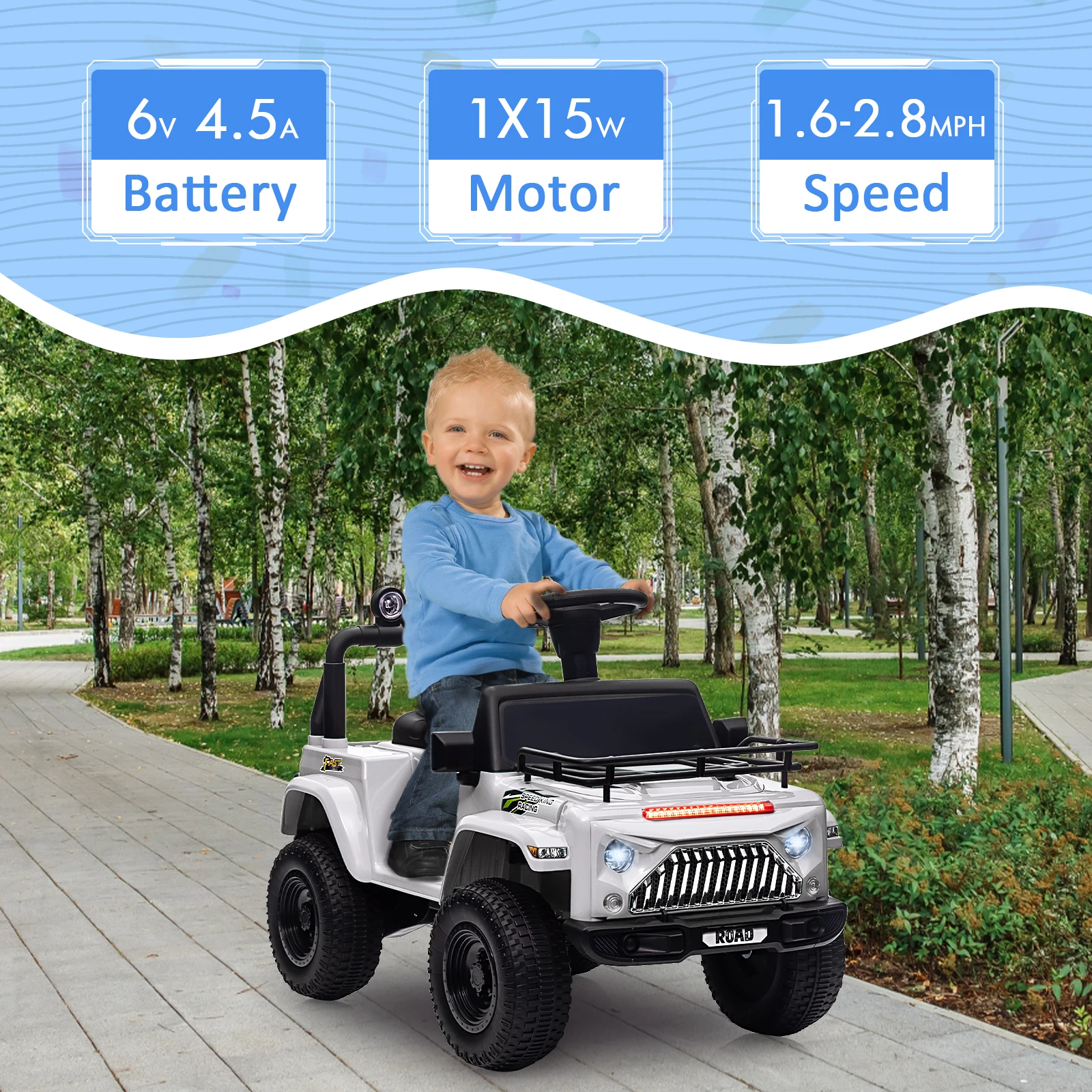 6V Ride On Car Battery Powered Electric Car for Kids with LED Light FM Horn Rear Storage Riding 4 Wheels Toy for Aged 3-6 Years